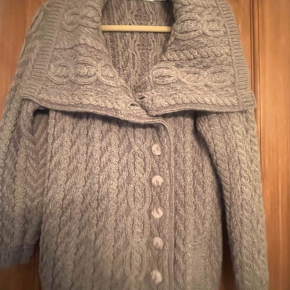 Aran Crafts Cable Knit Cardigan in Grey Blue
